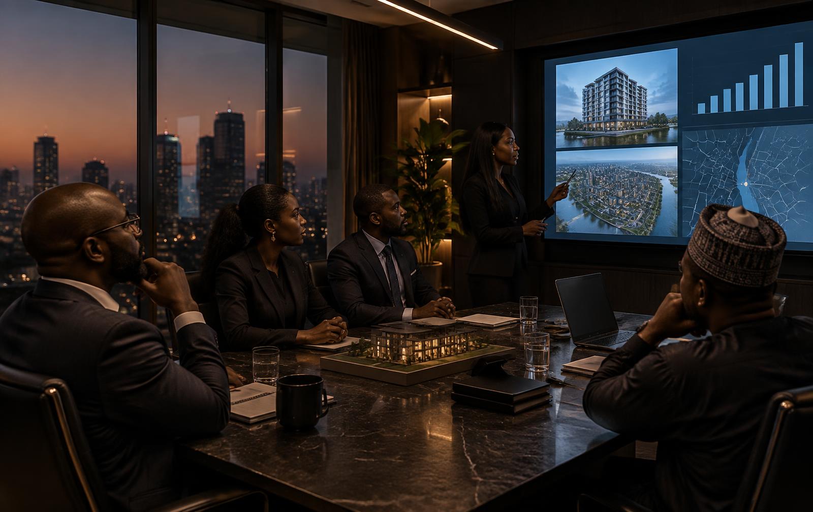 Leadership team reviewing portfolio performance in a boardroom at dusk
