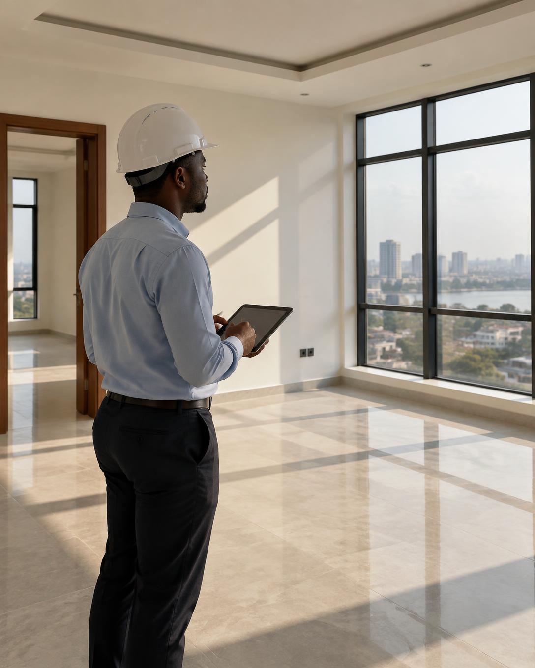 Inspector checking a newly finished apartment on a tablet