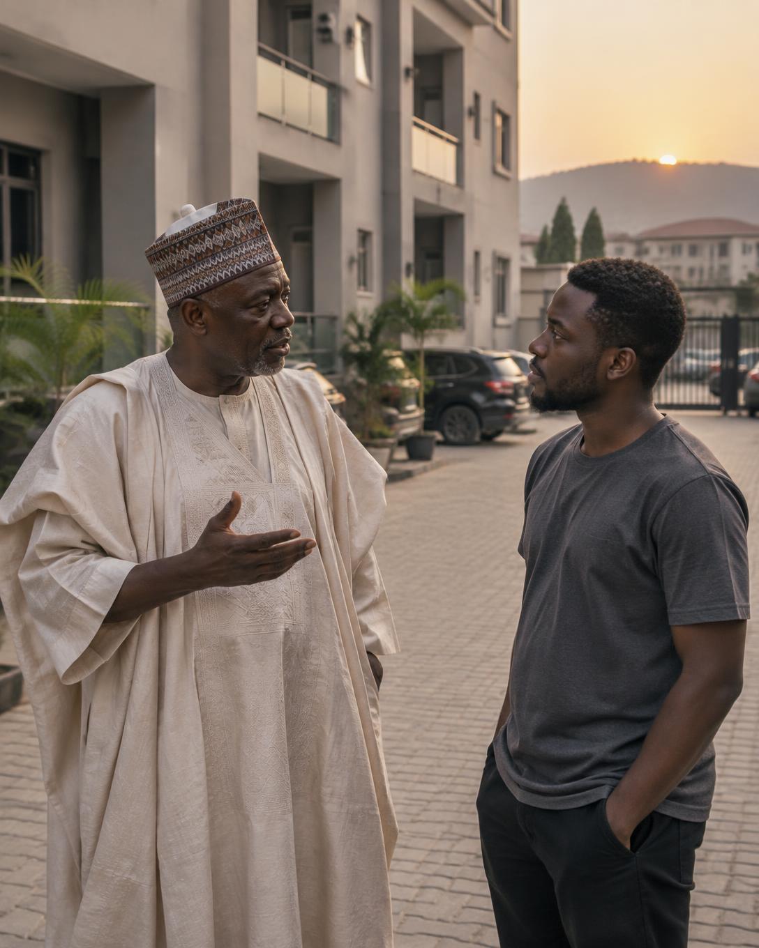 Landlord in agbada speaking with a tenant in an Abuja courtyard